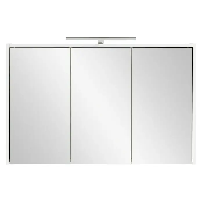 Schildmeyer LED-Spiegelschrank Flag - B x H: 93,5 x 60 cm, Holz, Weiß Glänzend - Weißer Spiegelschrank mit drei Spiegeltüren und einer silbernen LED-Lichtleiste.