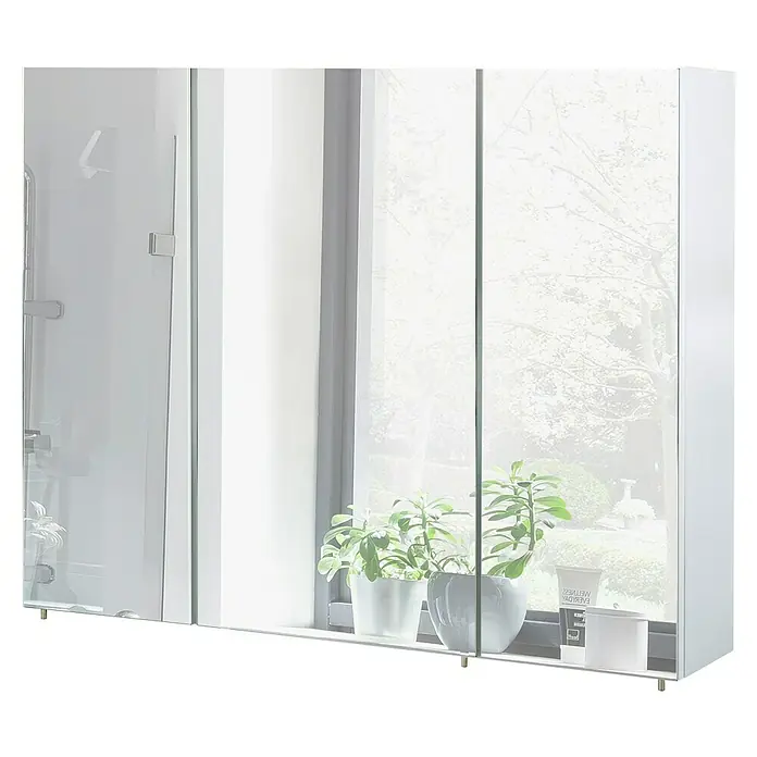 Schildmeyer Spiegelschrank Basic - B x H: 100 x 70,7 cm, Holz - Weißer Spiegelschrank mit mehreren Türen, der eine helle Fensteransicht widerspiegelt. Ideal zur Badaufbewahrung.