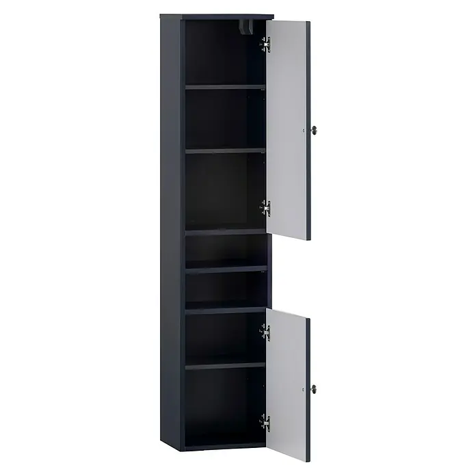 Schildmeyer Jesper Hochschrank - B x T x H: 30,3 x 25,4 x 138,3 cm, Nachtblau, Matt - Dunkelblau-grauer Schuhschrank mit zwei hellgrauen geöffneten Türen und mehreren Innenregalen.