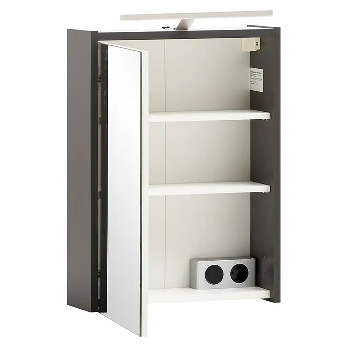 Schildmeyer LED-Spiegelschrank Carlos/Flag - B x H: 43,5 x 64 cm, Holz, Anthrazit - Offener dunkelgrauer Badspiegelschrank mit Einlegeböden, integrierter Leuchte und Steckdose.