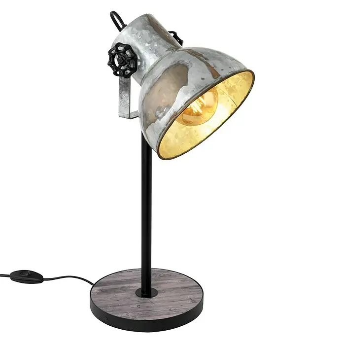 Eglo Barnstaple Tischleuchte - 40 W, Stahl, E27 - Nahaufnahme einer industriellen Schreibtischlampe mit Metallschirm und dekorativen Details auf einem Holzboden.