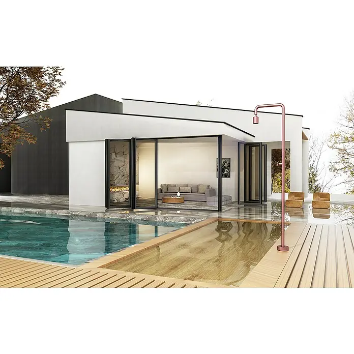 Imex Poolimex Ducha de piscina Pool - 235 cm, Acero inoxidable, Rosa coral - Vista exterior moderna con piscina y ducha exterior, creando un ambiente lujoso para la relajación al aire libre.