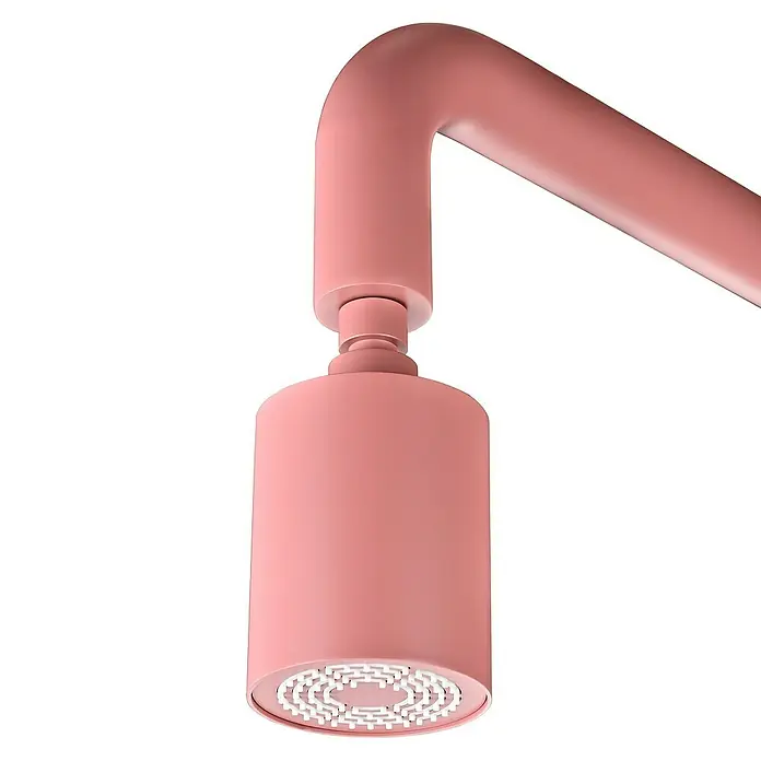 Imex Poolimex Ducha de piscina Pool - 235 cm, Acero inoxidable, Rosa coral - Primer plano de un cabezal de ducha rosa con un diseño elegante y líneas modernas, ideal para un baño.