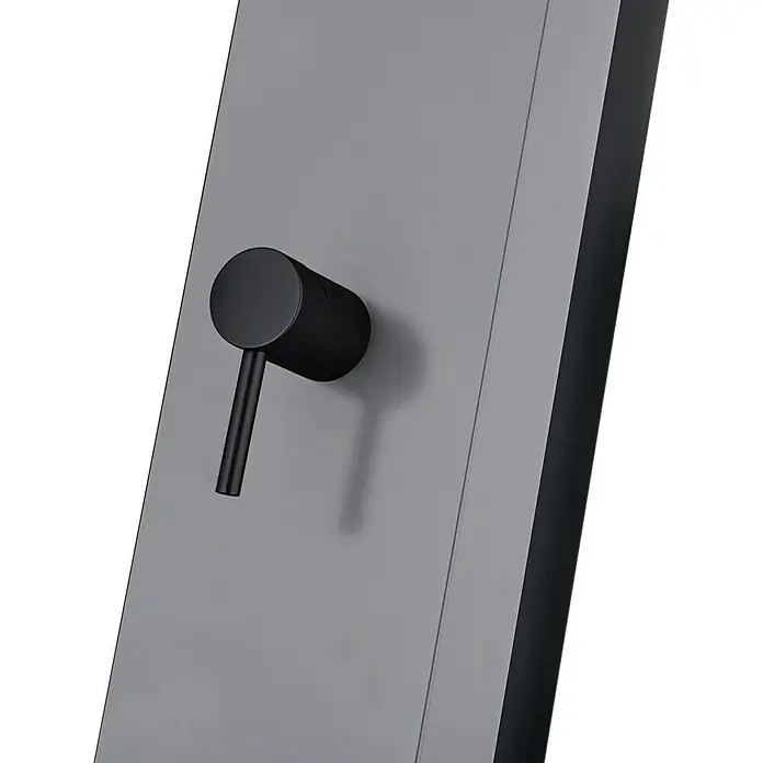 Imex Poolimex Ducha de piscina Phoenix - 222 cm, Aluminio, Gris cobalto - Primer plano de un panel de ducha negro con un pomo para el control de la temperatura.