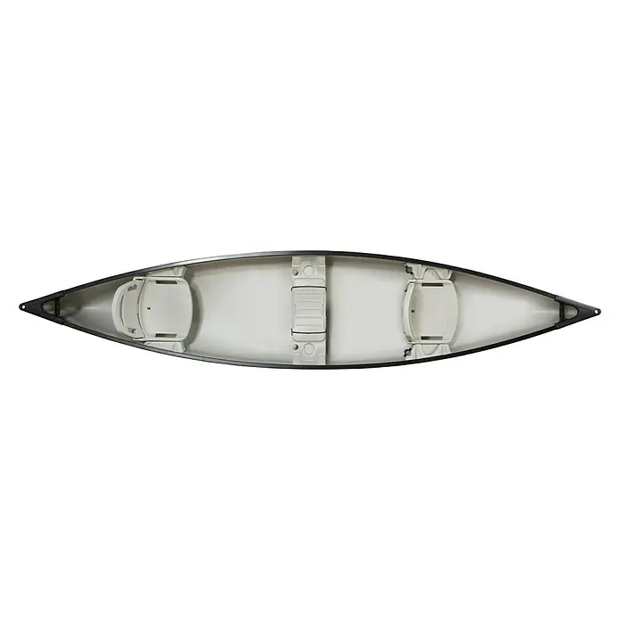 Pelican Kanu Explorer 14.6 DLX - L x B: 454,66 x 96,52 cm, Geeignet für: 3 Personen, Tragkraft: 363 kg, RAM-X Mehrschicht-Polyethylen - Draufsicht eines schwarzen und weißen Kanus mit zwei Sitzen. Ideal für Freizeit und Wassersport.