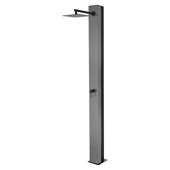 Imex Poolimex Ducha de piscina Phoenix - 222 cm, Aluminio, Gris cobalto - En la imagen se muestra una ducha exterior moderna en gris con un cabezal y un mango de ducha negros. La ducha proporciona una forma elegante de refrescarse al aire libre.
