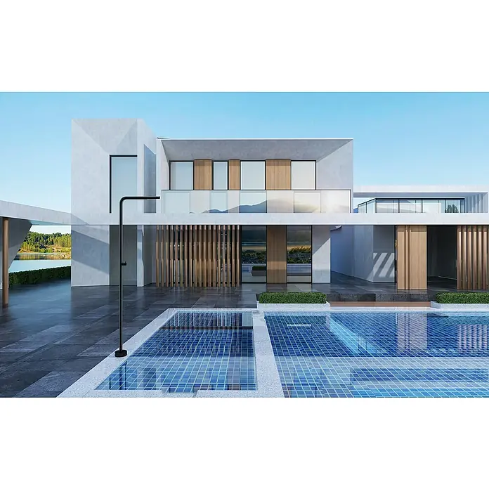 Imex Poolimex Ducha de piscina Texas - 220 cm, Acero inoxidable, Negro mate - Arquitectura moderna de casa con piscina y ducha exterior. El diseño elegante se enfatiza con las líneas claras y los materiales de alta calidad.