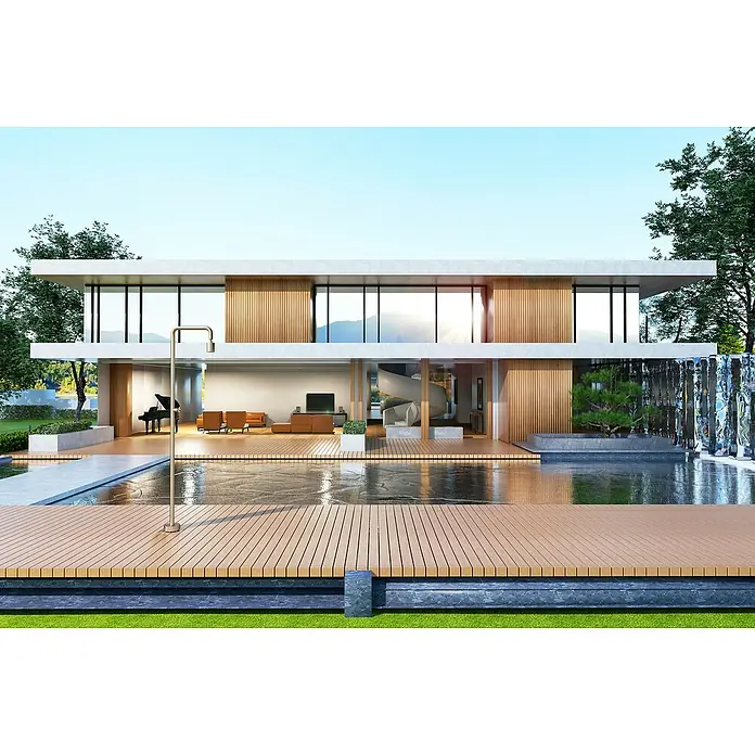 Imex Poolimex Ducha de piscina Pool - 235 cm, Acero inoxidable, Moka - Fachada de casa moderna con piscina y ducha de diseño minimalista. Arquitectura elegante con líneas limpias y materiales naturales.