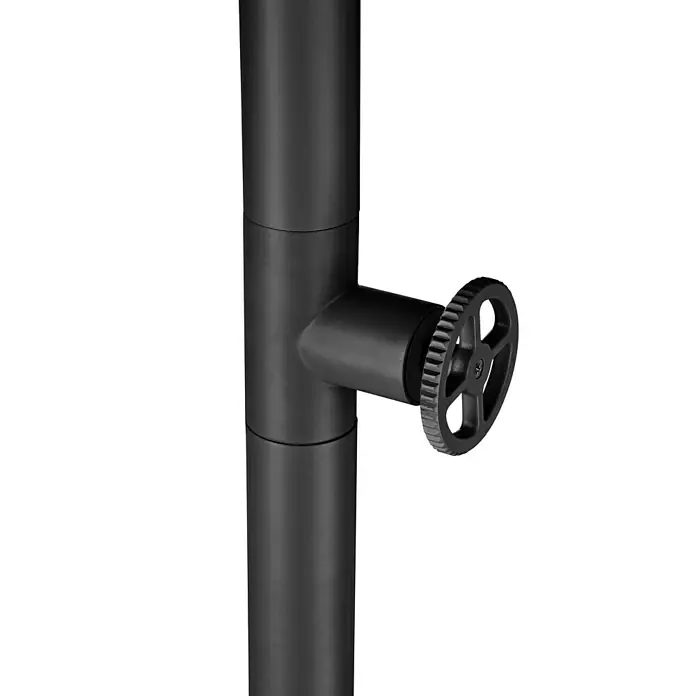 Imex Poolimex Ducha de piscina Pool - 235 cm, Acero inoxidable, Negro mate - Primer plano de una válvula de radiador negra con rueda giratoria para controlar el flujo de calor, ideal para baños modernos.