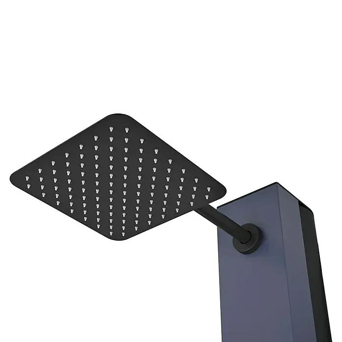 Imex Poolimex Ducha de piscina Phoenix - 222 cm, Aluminio, Azul océano - Primer plano de un cabezal de ducha negro con diseño cuadrado y múltiples salidas de agua, montado en un panel de ducha azul.