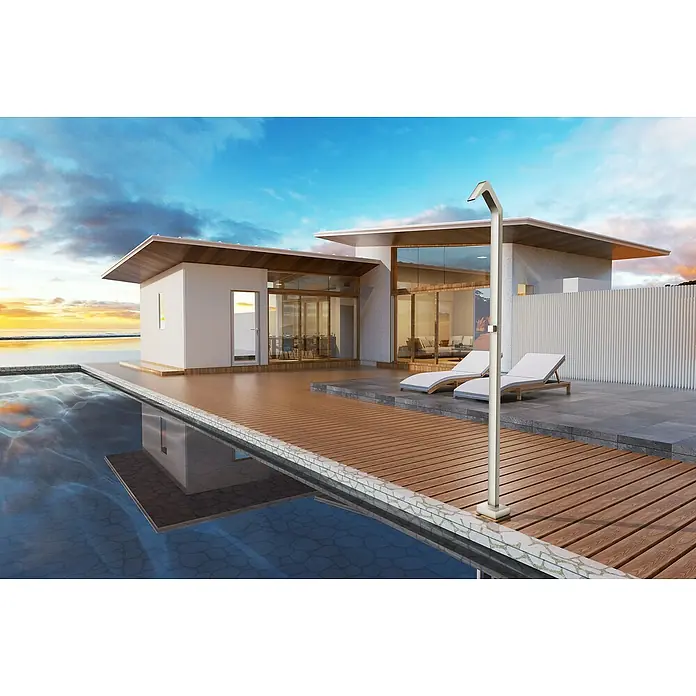 Imex Poolimex Ducha de piscina Niagara - 218 cm, Acero inoxidable, Moka - Esta imagen muestra una casa moderna con piscina y elegantes muebles de exterior. La arquitectura es minimalista.