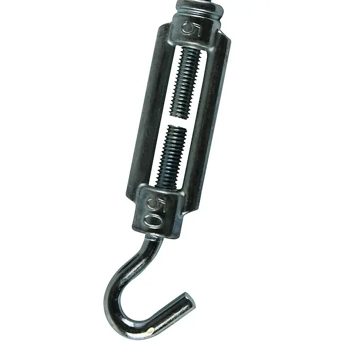 Stabilit Spannschloss - Für Seildurchmesser: 7 mm, Länge: 95 mm, Belastbarkeit: 50 kg, Stahl - Nahaufnahme eines Spannschlosses mit Haken, einem Werkzeug zum Spannen von Seilen oder Kabeln.