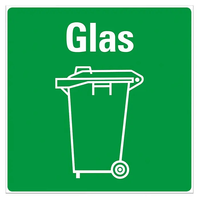 Pickup Aufkleber - Motiv: Altglasbehälter, L x B: 140 x 140 mm - Grünes Schild mit der Aufschrift "Glas" und einer weißen Zeichnung eines Mülleimers für Glasabfälle.