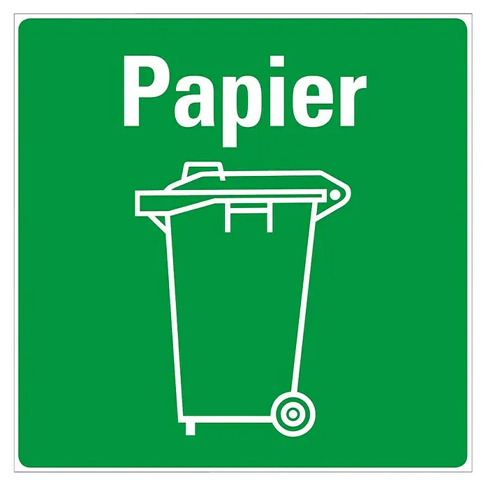 Pickup Aufkleber - L x B: 140 x 140 mm, Papiermüll - Grünes Papiermülltonnen-Schild mit weißem Text "Papier" und einem stilisierten Mülleimer, der Papierabfall zur Wiederverwertung kennzeichnet.