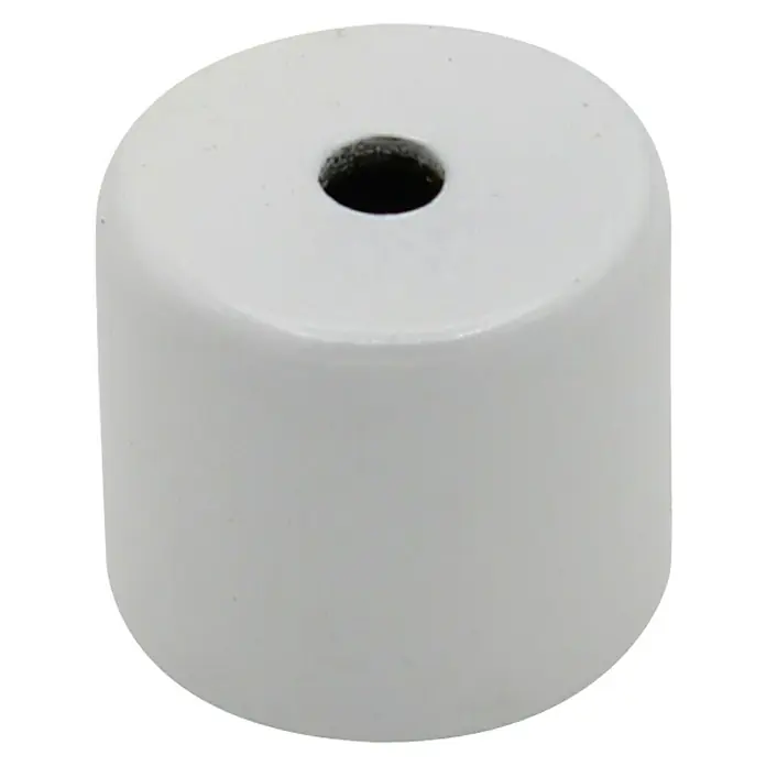 Expo Ambiente Deckenträger - Weiß, Geeignet für: Ø 16, Ø 20, Ø 25, 18 x 18 mm Profile - Nahaufnahme einer zylindrischen, weißen Kappe mit einem Loch in der Mitte, ideal für Möbel oder Heimwerkerprojekte.