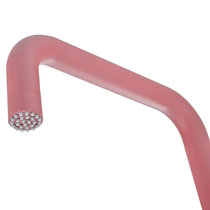 Imex Poolimex Ducha de piscina Utah - 236 cm, Acero inoxidable, Rosa coral - Primer plano de un cabezal de ducha rosa con pequeñas salidas blancas.