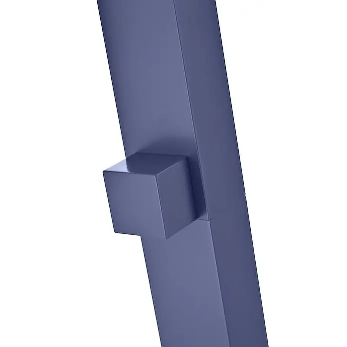 Imex Poolimex Ducha de piscina Niagara - 218 cm, Acero inoxidable, Azul océano - Primer plano de un detalle azul en forma de cubo unido a un pilar cuadrado. Líneas limpias y diseño sencillo.