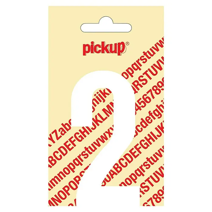 Pickup Aufkleber - Motiv: 2, Weiß, Höhe: 90 mm - Das Produkt ist ein Aufkleber in Form der Zahl Zwei (2) von Pickup, umgeben von roten Buchstaben auf beigem Untergrund.