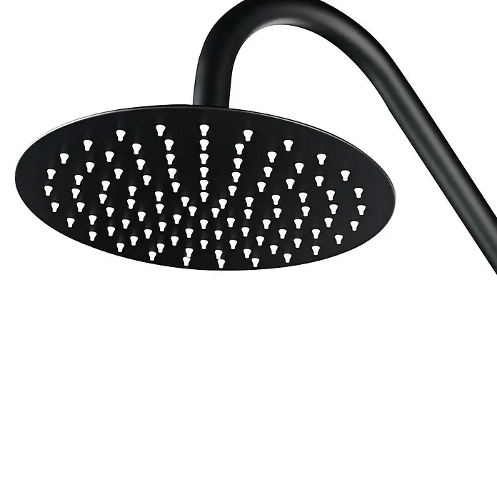 Imex Poolimex Ducha de piscina Alaska - 225 cm, Acero inoxidable, Negro mate - Primer plano de un elegante cabezal de ducha de lluvia negro, que muestra su elegante diseño que promete una lujosa experiencia de ducha.