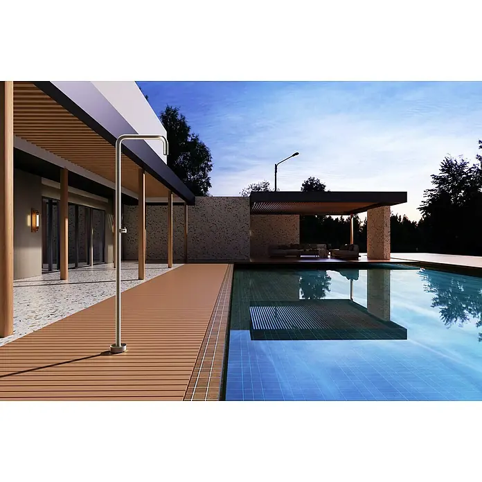 Imex Poolimex Ducha de piscina Utah - 236 cm, Acero inoxidable, Moka - Espacio exterior de lujo con piscina y ducha moderna. Elegante ducha de acero inoxidable complementa el diseño de piscina.