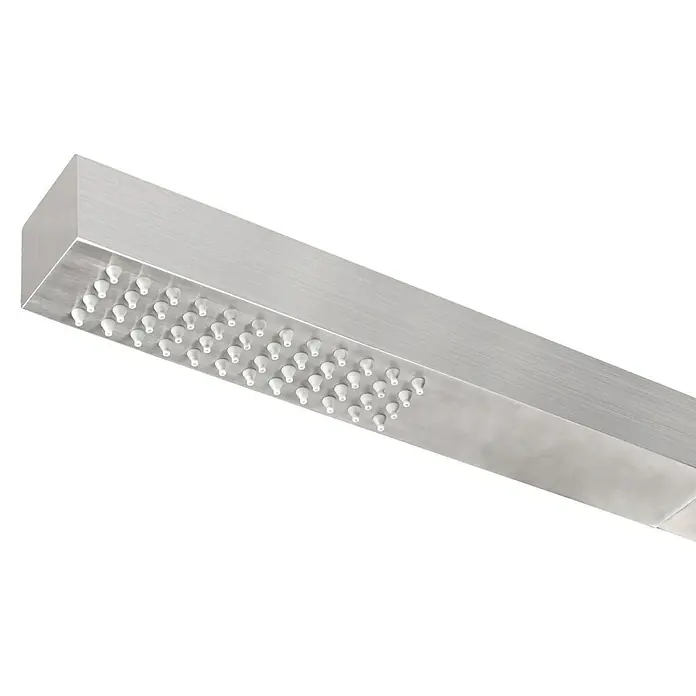 Imex Poolimex Ducha de piscina Alabama - 225 cm, Acero inoxidable, Cromo - Primer plano de un moderno cabezal de ducha rectangular con múltiples boquillas sobre un fondo negro.