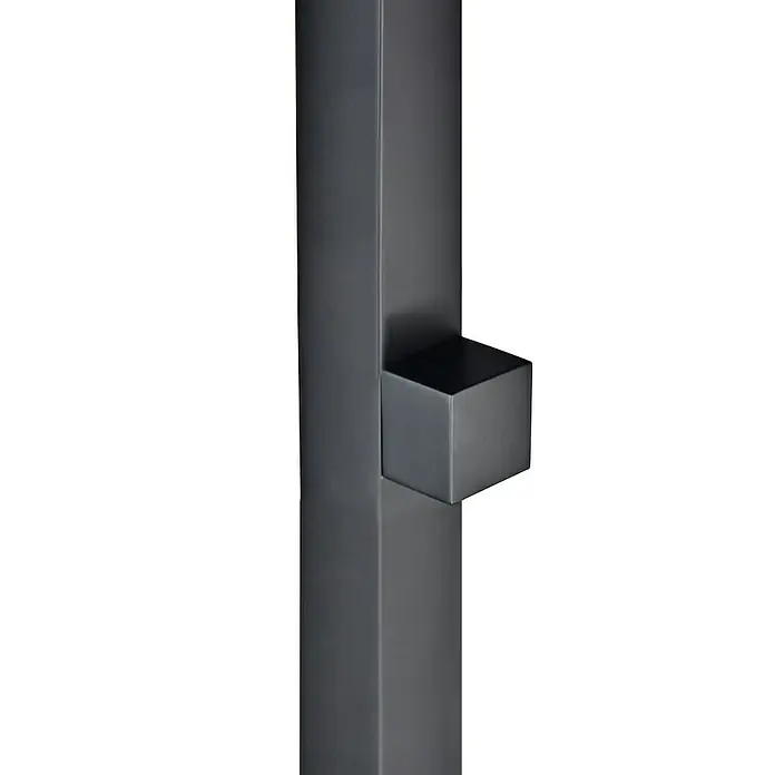 Imex Poolimex Ducha de piscina Alabama - 225 cm, Acero inoxidable, Negro mate - Primer plano de una moderna estructura metálica de color antracita con un elemento cúbico, que muestra un diseño elegante y minimalista.