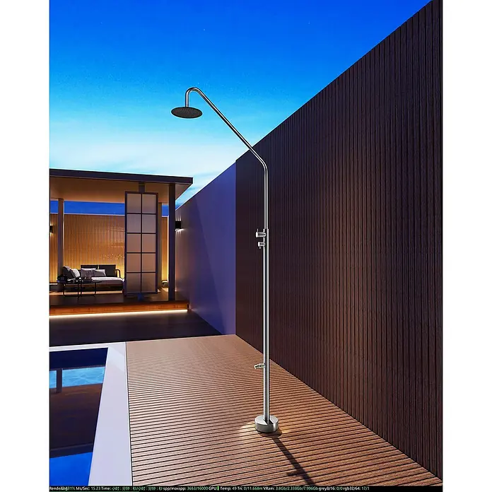 Imex Poolimex Ducha de piscina Dakota - 232 cm, Acero inoxidable, Cromo - Una elegante ducha exterior de acero inoxidable destaca sobre una fachada de madera moderna, ideal para zonas de piscina o jardines.