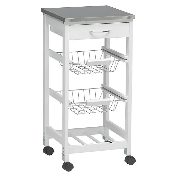 Carro de cocina con bandejas - L x An x Al: 37 x 37 x 76 cm, Blanco/Acero inoxidable - Carrito de cocina con superficie de acero inoxidable, un cajón y dos cestas de alambre para almacenamiento adicional en la cocina.