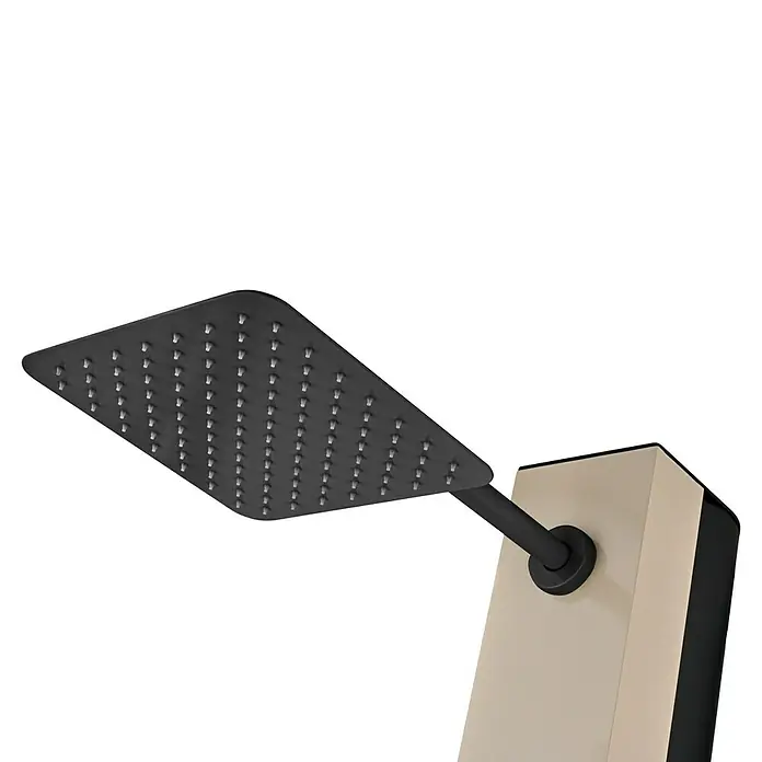 Imex Poolimex Ducha de piscina Phoenix - 222 cm, Aluminio, Moka - Primer plano de un moderno cabezal de ducha cuadrado en negro con un elemento de montaje beige sobre un fondo oscuro.