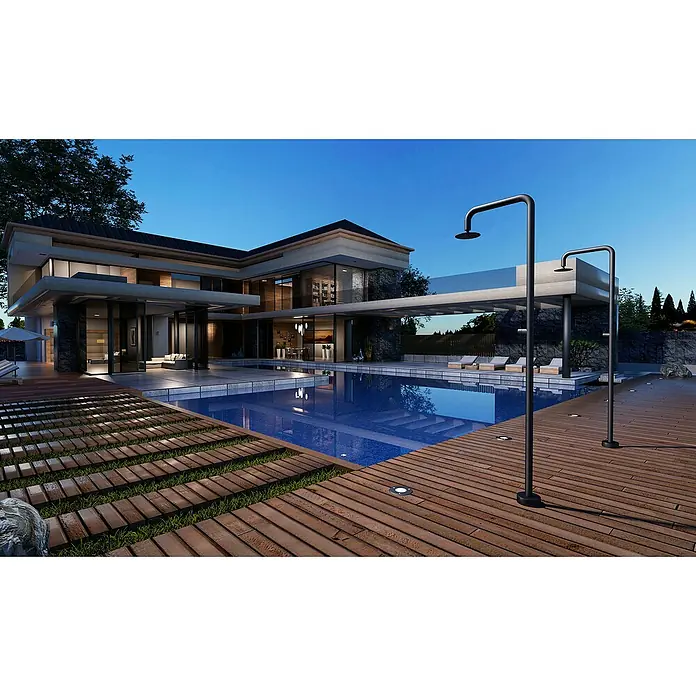 Imex Poolimex Ducha de piscina Oregon - 235 cm, Acero inoxidable, Negro mate - Impresionante casa con piscina y duchas exteriores. La arquitectura es moderna y acogedora, perfecta para momentos de relax al aire libre.