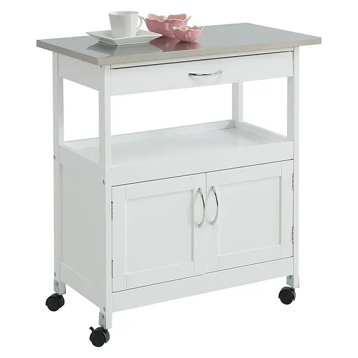 Carro de cocina con puertas - L x An x Al: 37 x 67 x 76 cm, Blanco/Acero inoxidable - Carrito de cocina con cajón, encimera de acero inoxidable, armario de almacenamiento y ruedas. Perfecto para organizar la cocina y el comedor.