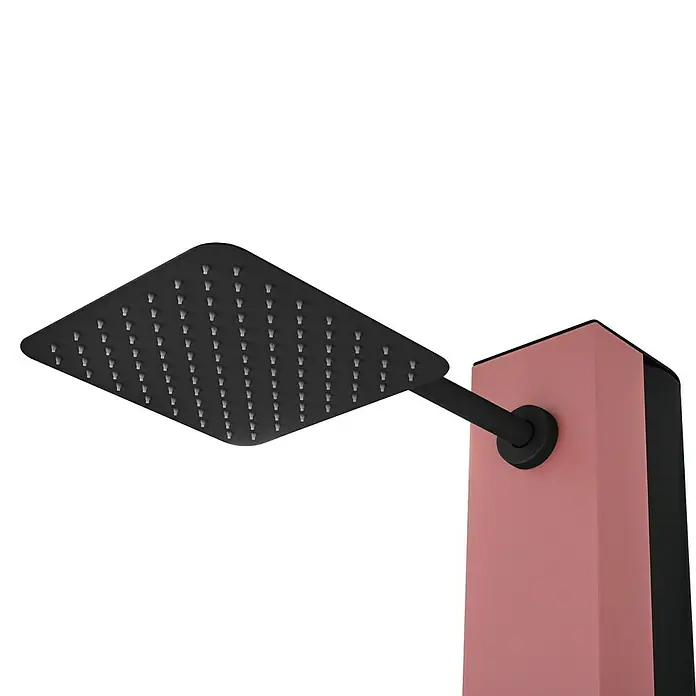 Imex Poolimex Ducha de piscina Phoenix - 222 cm, Aluminio, Rosa coral - Primer plano de un cabezal de ducha moderno con un diseño cuadrado, montado en una columna de ducha de color con una estética minimalista.