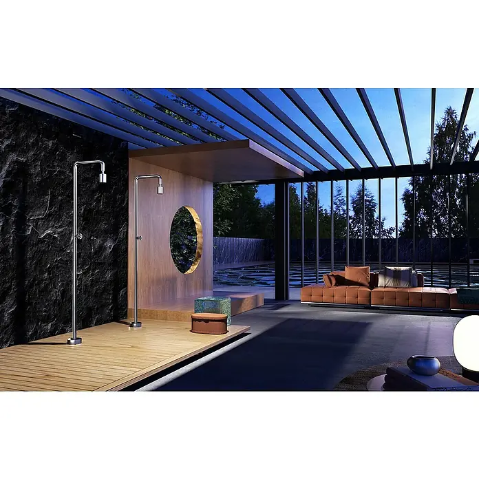 Imex Poolimex Ducha de piscina Pool - 235 cm, Acero inoxidable, Cromo - Ducha exterior de acero cromado con diseño moderno, terraza de madera y ambiente elegante para una experiencia de ducha exterior lujosa.