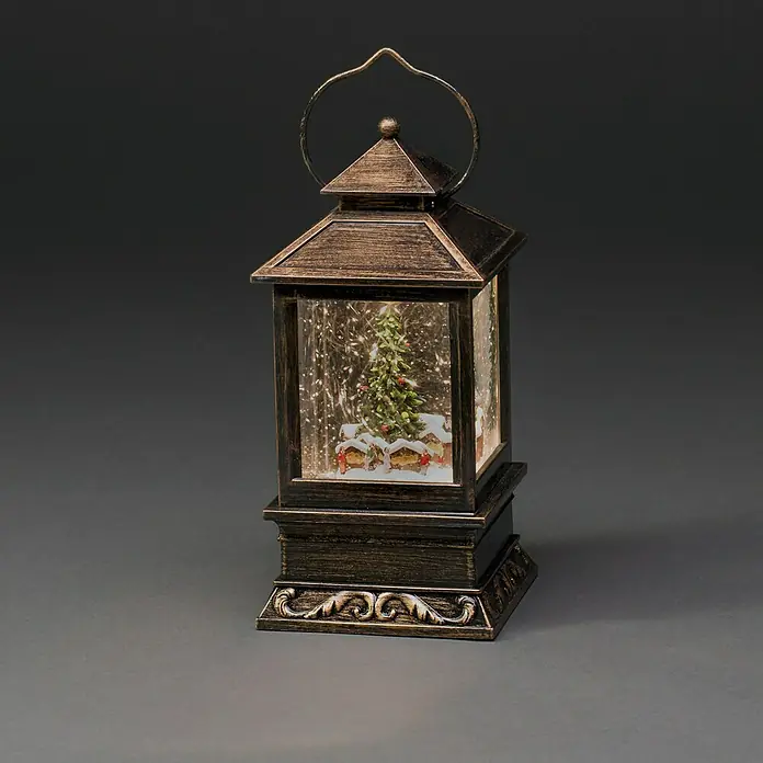 Konstsmide LED-Schneelaterne Weihnachtsmarkt - Innen, Braun, 10,5 x 10,5 x 22 cm, Batteriebetrieben - Dekorative Laterne mit einer Miniatur-Weihnachtsszene im Inneren, die festliche Stimmung verbreitet.