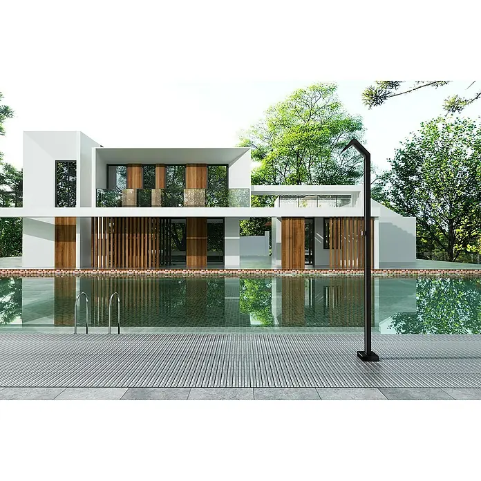 Imex Poolimex Ducha de piscina Niagara - 218 cm, Acero inoxidable, Negro mate - Vista exterior de una casa moderna con piscina y una elegante ducha exterior negra que complementa el ambiente elegante.