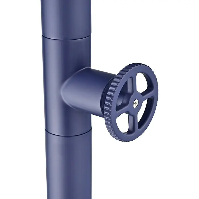 Imex Poolimex Ducha de piscina Pool - 235 cm, Acero inoxidable, Azul océano - Primer plano de una válvula de compuerta azul en una tubería, ideal para aplicaciones de fontanería o industriales.