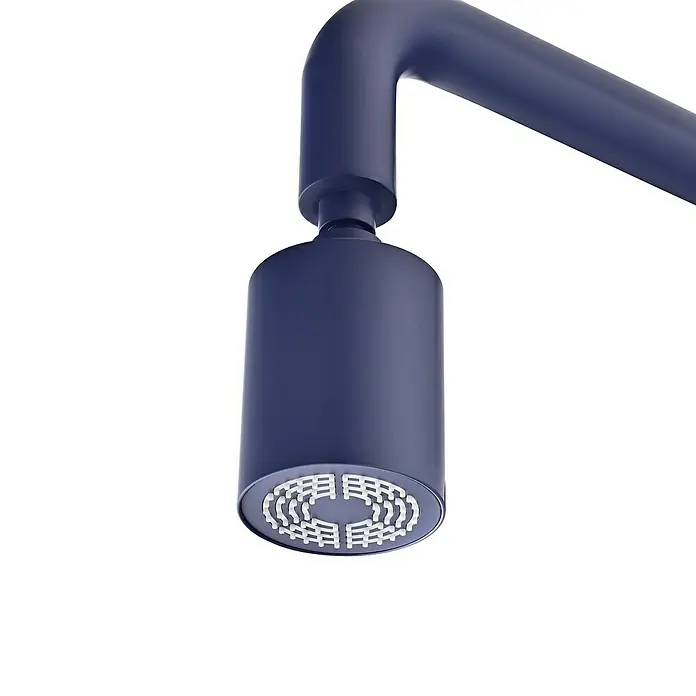 Imex Poolimex Ducha de piscina Pool - 235 cm, Acero inoxidable, Azul océano - Primer plano de un cabezal de ducha azul con un diseño circular moderno y líneas limpias. Ideal para un baño elegante.