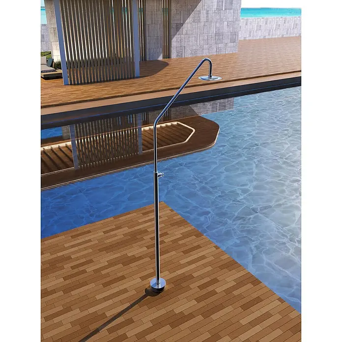 Imex Poolimex Ducha de piscina Colorado - Altura: 225 cm, Acero inoxidable, Cromo - Escalera de piscina de acero inoxidable sobre cubierta de madera con agua de piscina brillante. Entorno de piscina acogedor con diseño elegante.