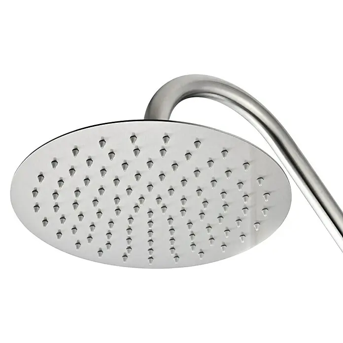 Imex Poolimex Ducha de piscina Colorado - Altura: 225 cm, Acero inoxidable, Cromo - Primer plano de un cabezal de ducha redondo plateado con muchas boquillas pequeñas y un brazo curvo, sobre un fondo negro.