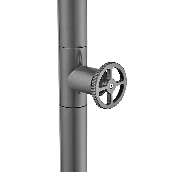Imex Poolimex Ducha de piscina Pool - 235 cm, Acero inoxidable, Gris cobalto - Primer plano de un tubo metálico gris con una válvula de rueda, que muestra una estética industrial y elementos de diseño funcional.