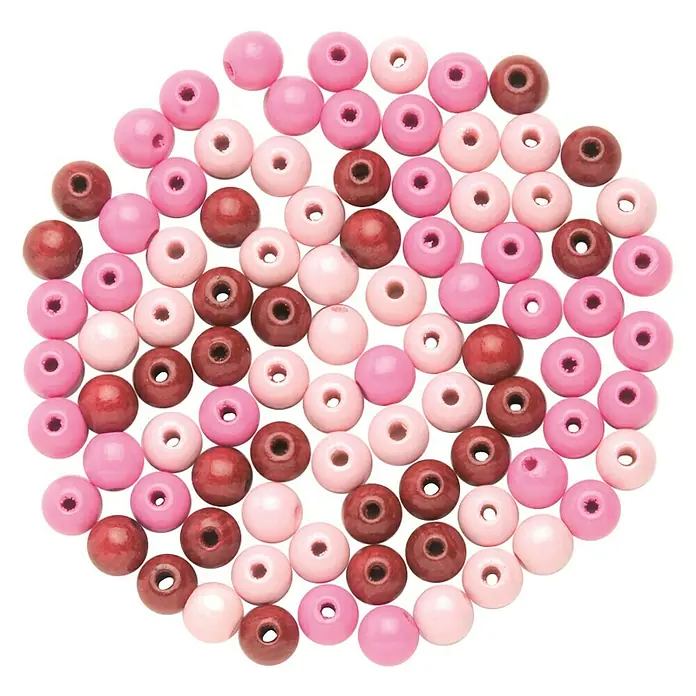 Glorex Holzperlen - Rosa, Durchmesser: 12 mm, 28 Stk. - Nahaufnahme von rosa und braunen Holzperlen, die in einem kreisförmigen Muster angeordnet sind.
