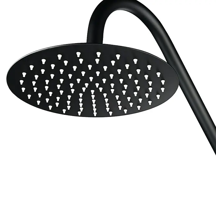 Imex Poolimex Ducha de piscina Dakota - 232 cm, Acero inoxidable, Negro mate - Primer plano de un cabezal de ducha negro con muchos agujeros pequeños, proporcionando una experiencia de ducha agradable.