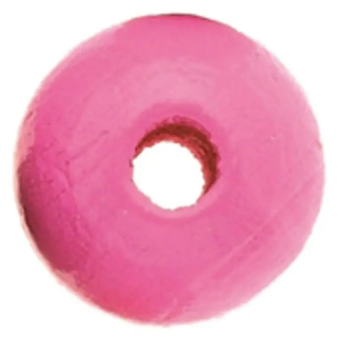 Glorex Holzperlen - Rosa, Durchmesser: 10 mm, 47 Stk. - Nahaufnahme einer rosa Holzperle mit einem Loch in der Mitte, ideal für Schmuckherstellung und Bastelprojekte.