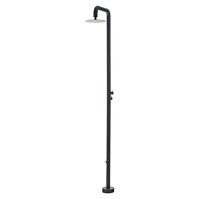 Imex Poolimex Ducha de piscina Michigan - 240 cm, Acero inoxidable, Negro mate - La imagen muestra una ducha de exterior independiente en un acabado oscuro, perfecta para un jardín o piscina. La ducha tiene un cabezal redondo.