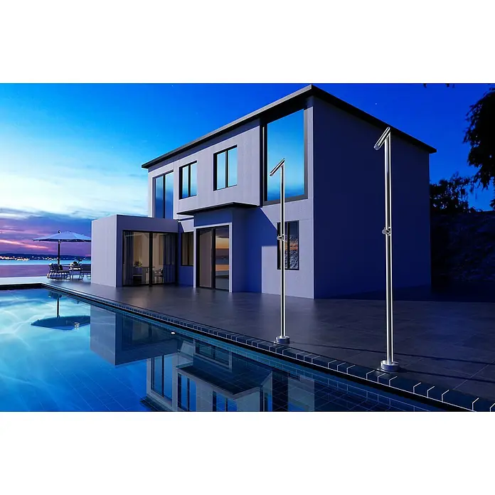 Imex Poolimex Ducha de piscina Oklahoma - 201 cm, Acero inoxidable, Cromo - Ducha exterior moderna de acero inoxidable cerca de una piscina, perfecta para un diseño de jardín elegante y duchas refrescantes al aire libre.