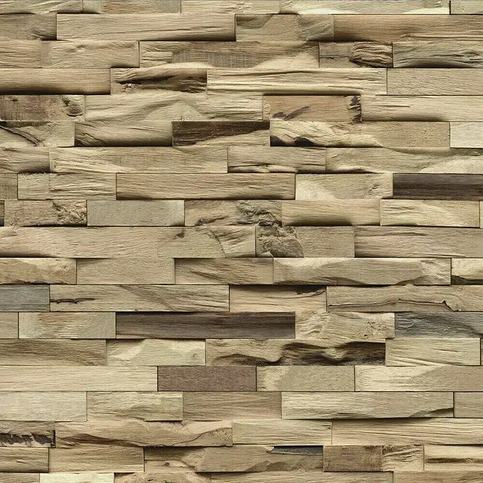 Indo Wandpaneel 3D Wall Beachwood Nature - Hevea, 610 x 150 x 10 mm - Wandpaneele aus Holz mit unregelmäßiger Oberfläche und verschiedenen Brauntönen für eine rustikale Wandgestaltung.