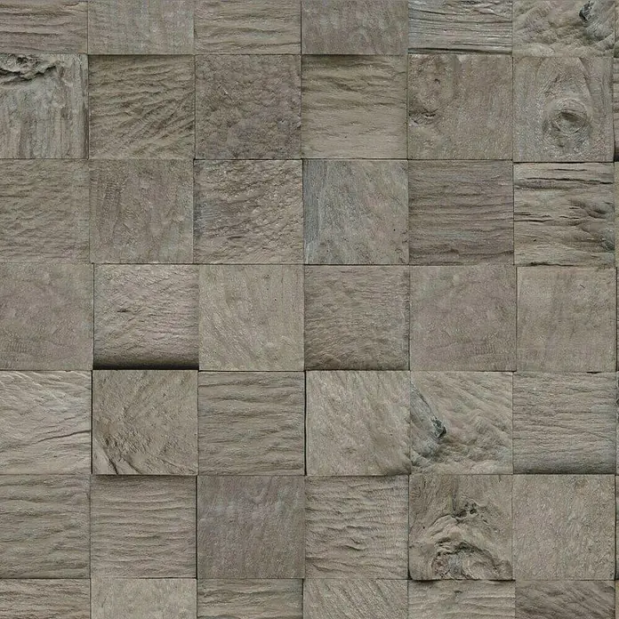 Indo Wandpaneel 3D Wall Classic & Cube Java - Teak, 552 x 184 x 10 mm, 1,016 m² - Nahaufnahme einer Wandverkleidung aus quadratischen Holzblöcken in verschiedenen Grautönen mit sichtbarer Holzstruktur.