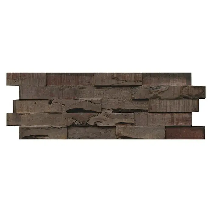 Indo Wandpaneel 3D Wall Slimwood Charred - Hevea, 560 x 200 x 8 mm - Nahaufnahme einer Holzpaneel-Wandverkleidung mit braunen, rechteckigen Holzstücken in unterschiedlichen Größen.