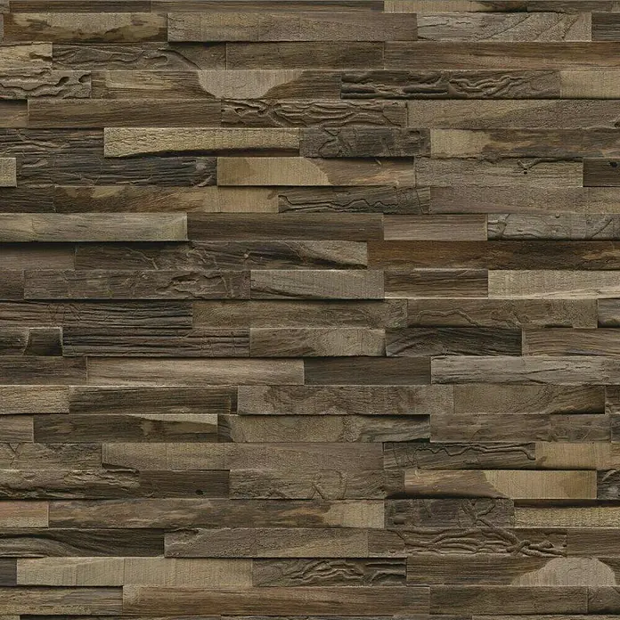 Indo Wandpaneel 3D Wall Elegance Charred - Teak, 500 x 200 x 10 mm, 1 m² - Dekorative Wandverkleidung aus rustikalen Holzpaneelen mit verschiedenen Brauntönen und einer ausgeprägten Textur für einen natürlichen Look.