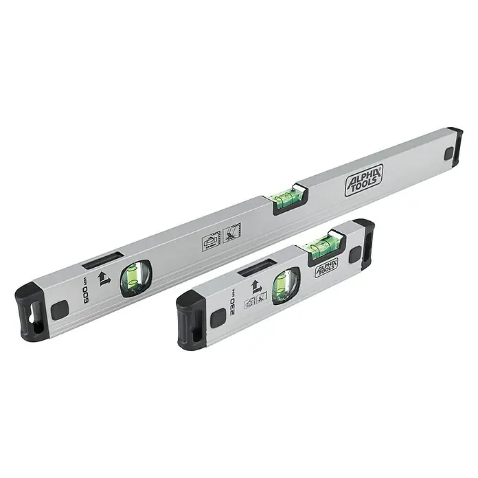 Alpha Tools Wasserwaagen-Set - 2 -tlg. - Zwei Alpha Tools Wasserwaagen unterschiedlicher Größe für präzise Messungen, ideal für Heimwerker- und Bauprojekte.